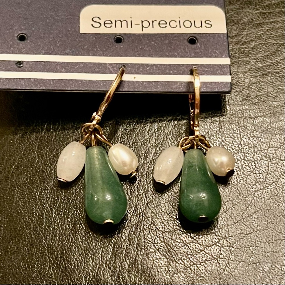 Tica  Green Jade and White Semi-Precious Earrings